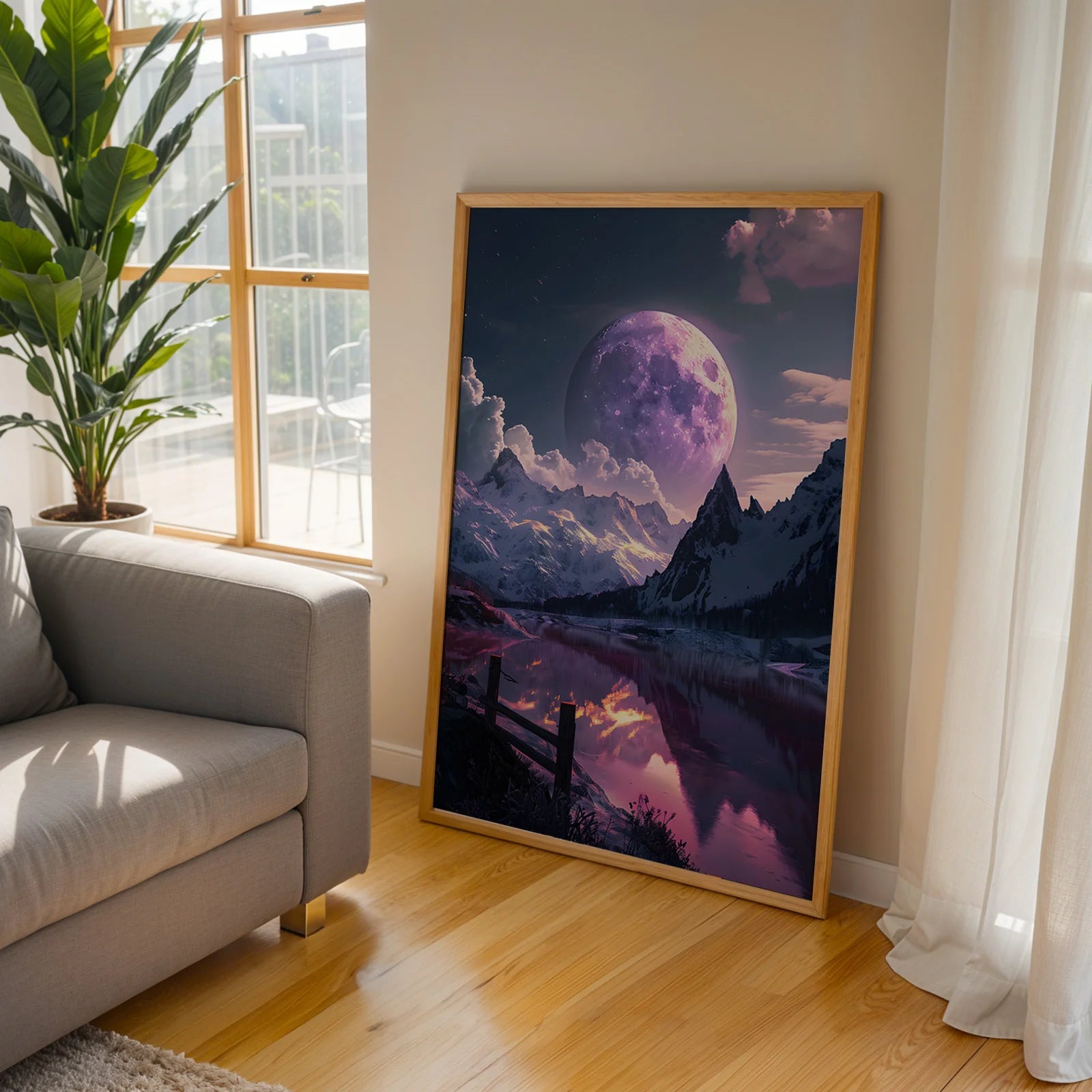 Romantic moonlit mountain scene landscape art print.
