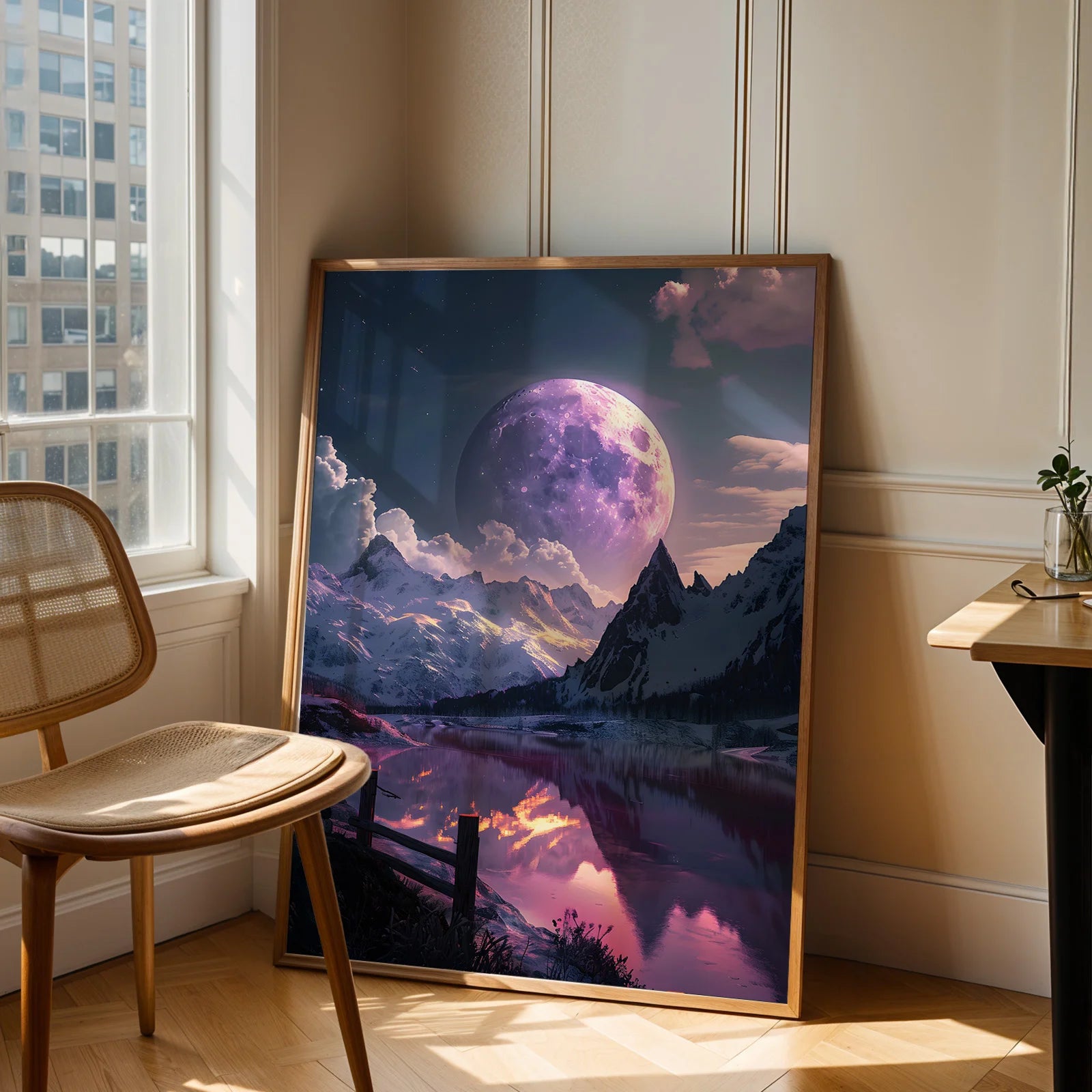 Artistic full moon mountainscape print with a dreamy atmosphere.
