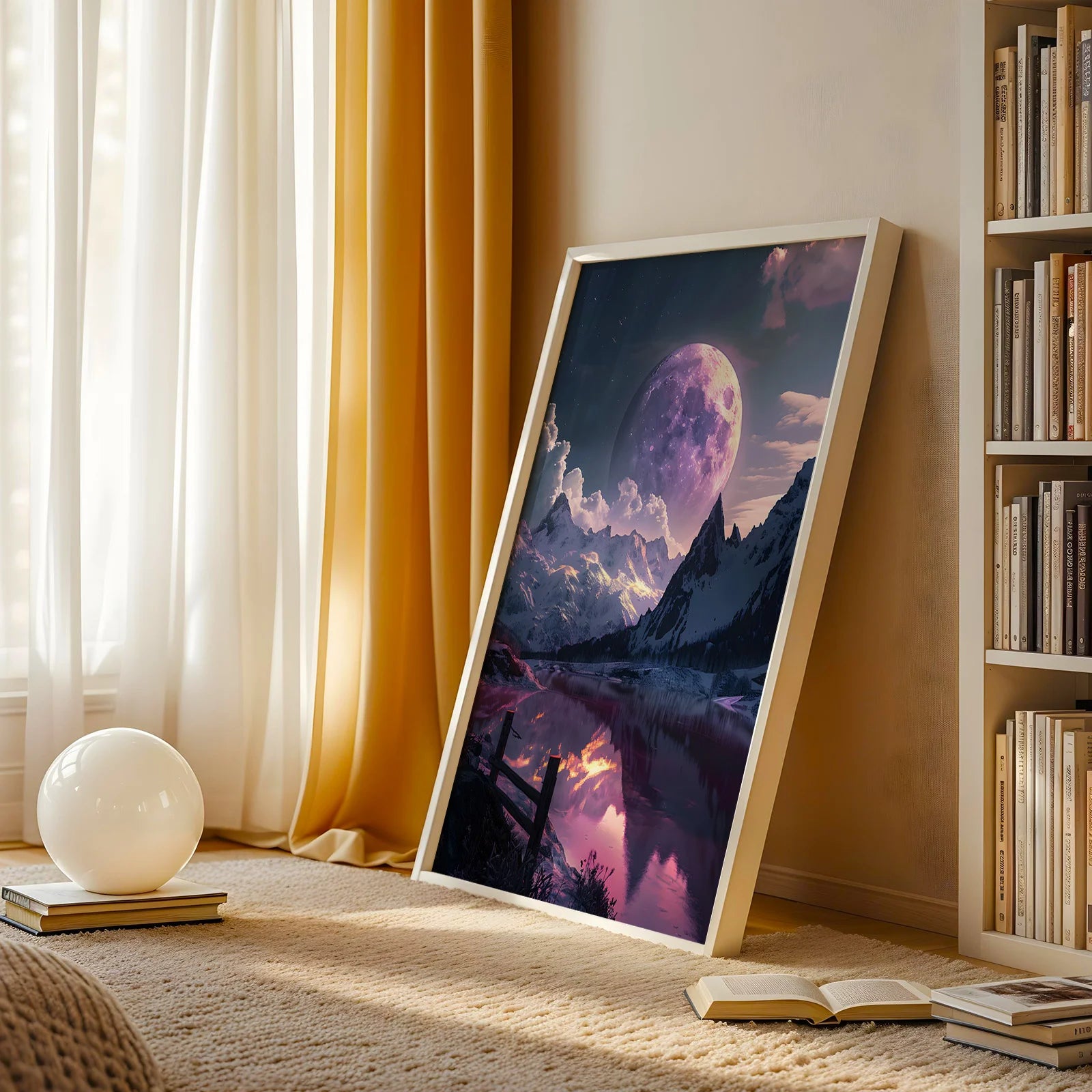 Ethereal mountain and moon nature art print, calming mood.
