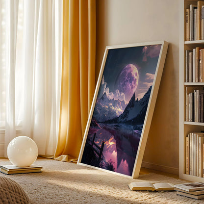 Ethereal mountain and moon nature art print, calming mood.
