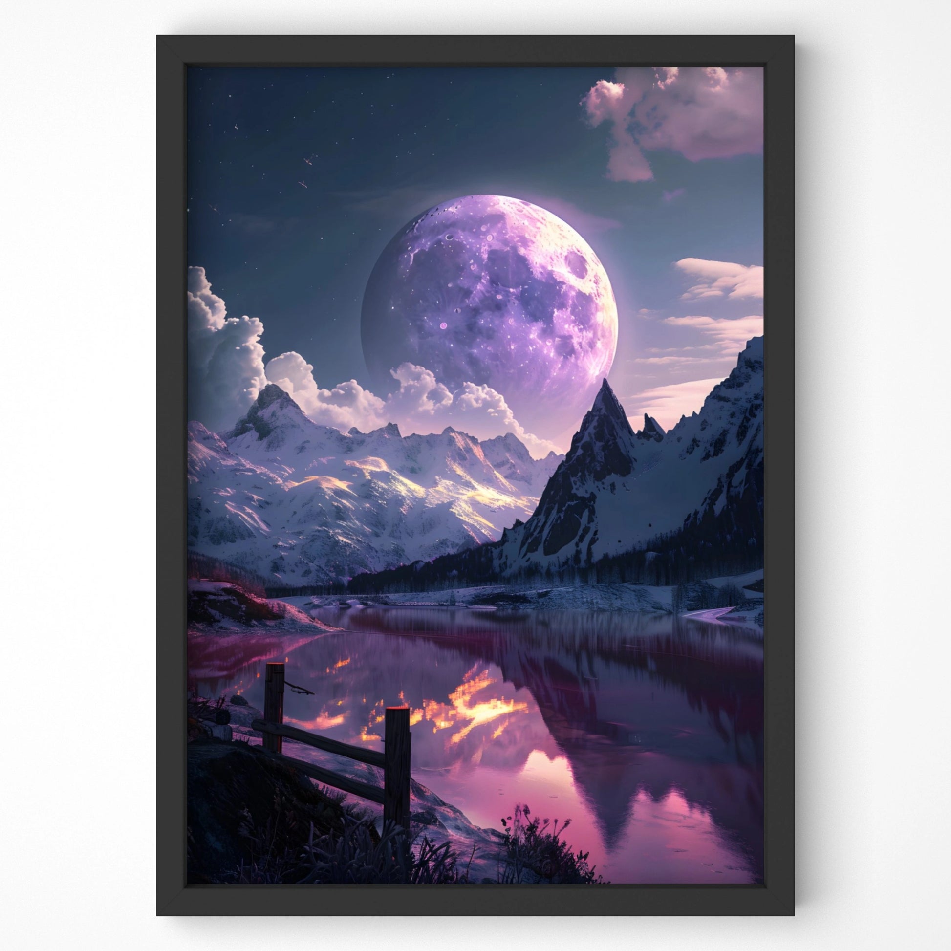 Dreamy moonlit mountain landscape art print for serene spaces.
