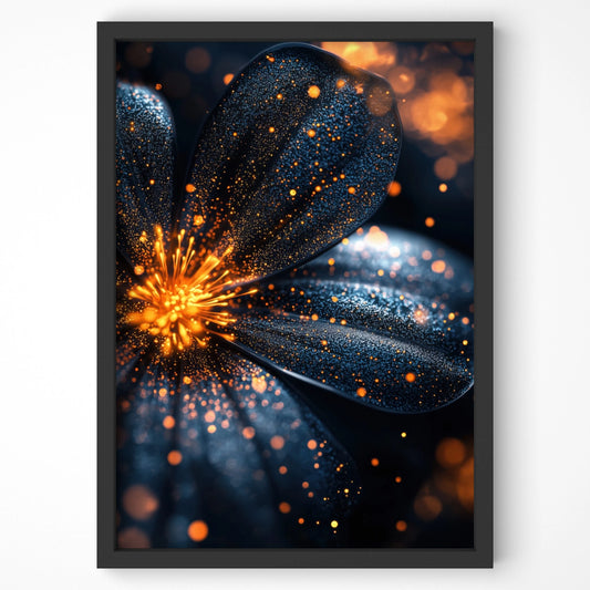 Galaxy Bloom Wall Art Print – A striking close-up of a deep blue flower with glowing orange details, perfect for modern and contemporary interiors.