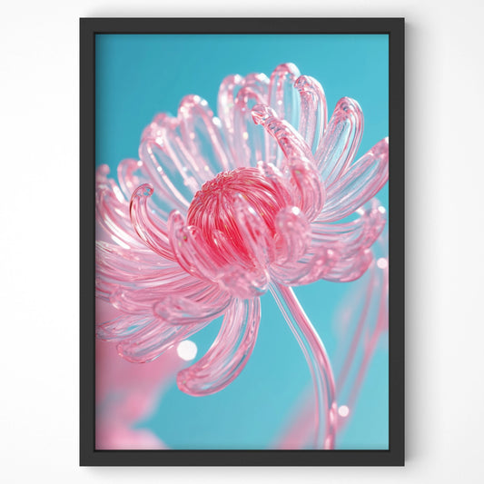 Close-up of a glass-like chrysanthemum flower print in pink and blue tones, framed in black.
