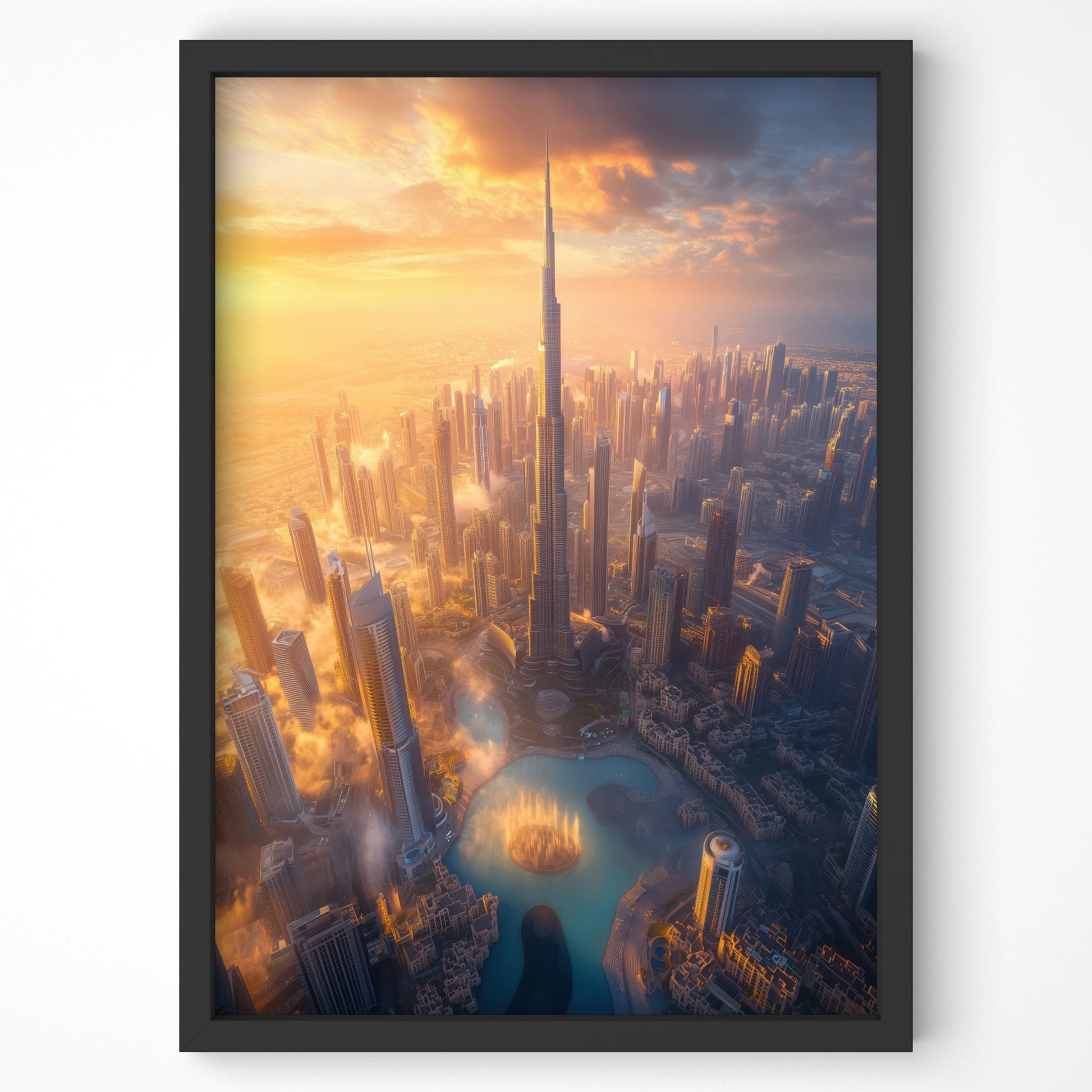 Sunset view of the Dubai skyline in warm golden tones, highlighting the Burj Khalifa and modern high-rises, ideal for travel-themed wall decor.