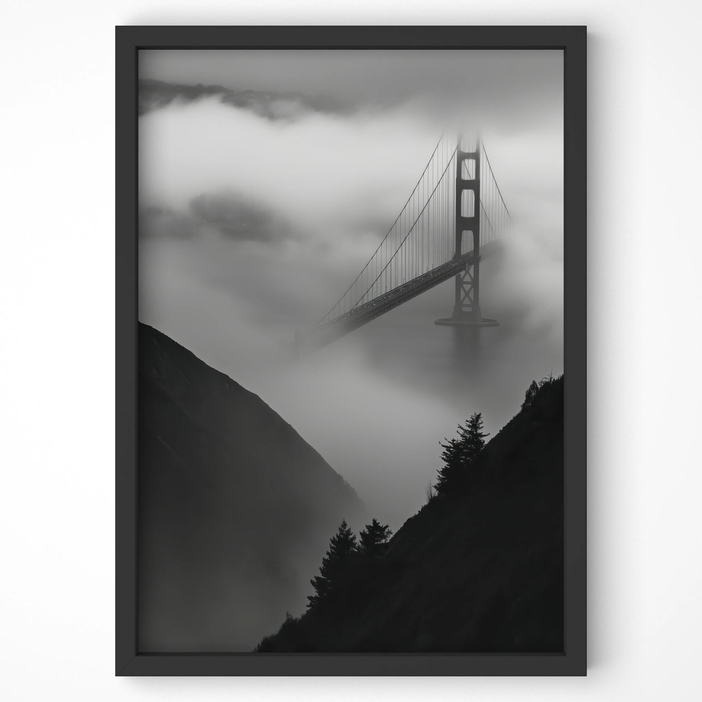 Golden Gate Bridge shrouded in mist, ideal San Francisco travel wall art for Irish homes