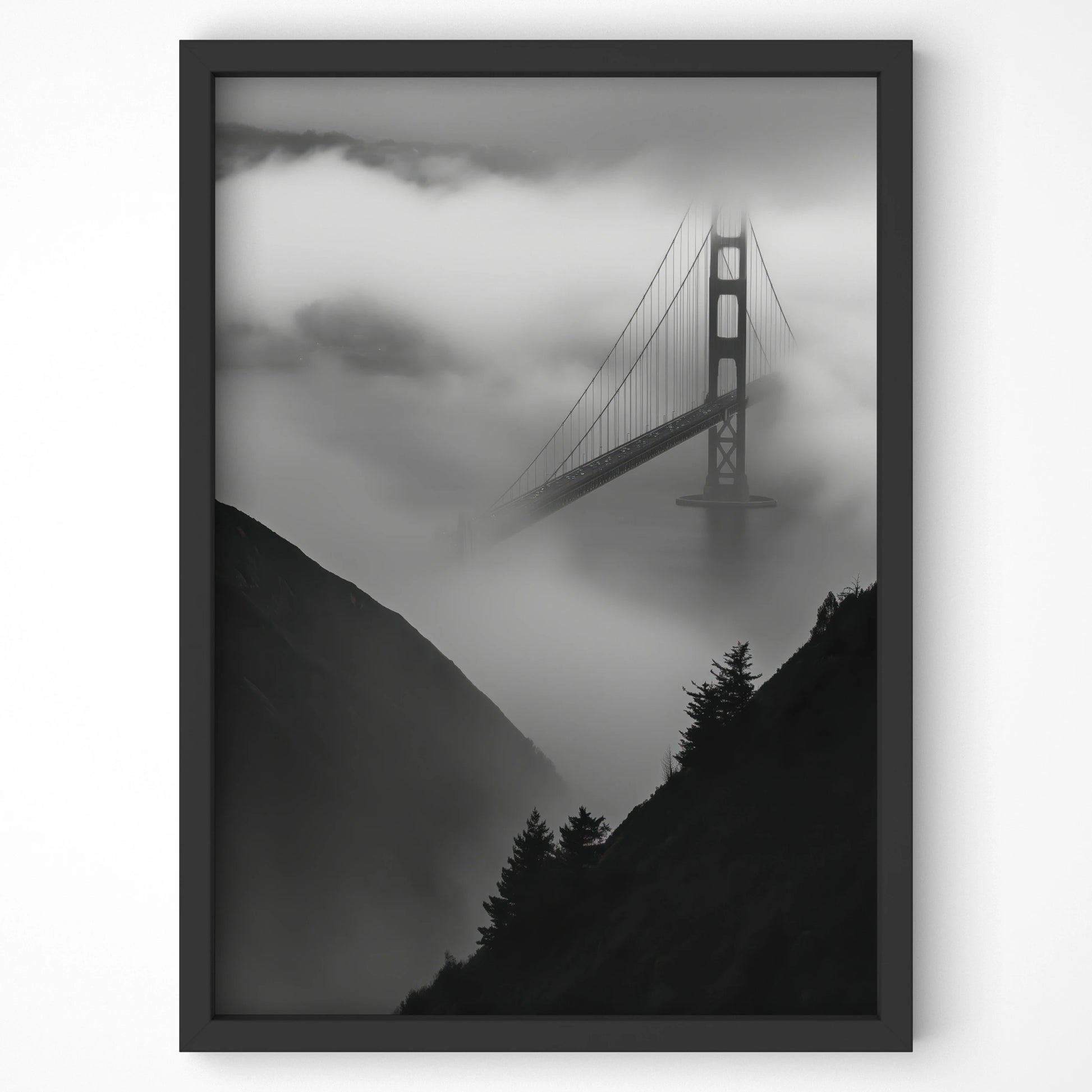 Golden Gate Bridge shrouded in mist, ideal San Francisco travel wall art for Irish homes