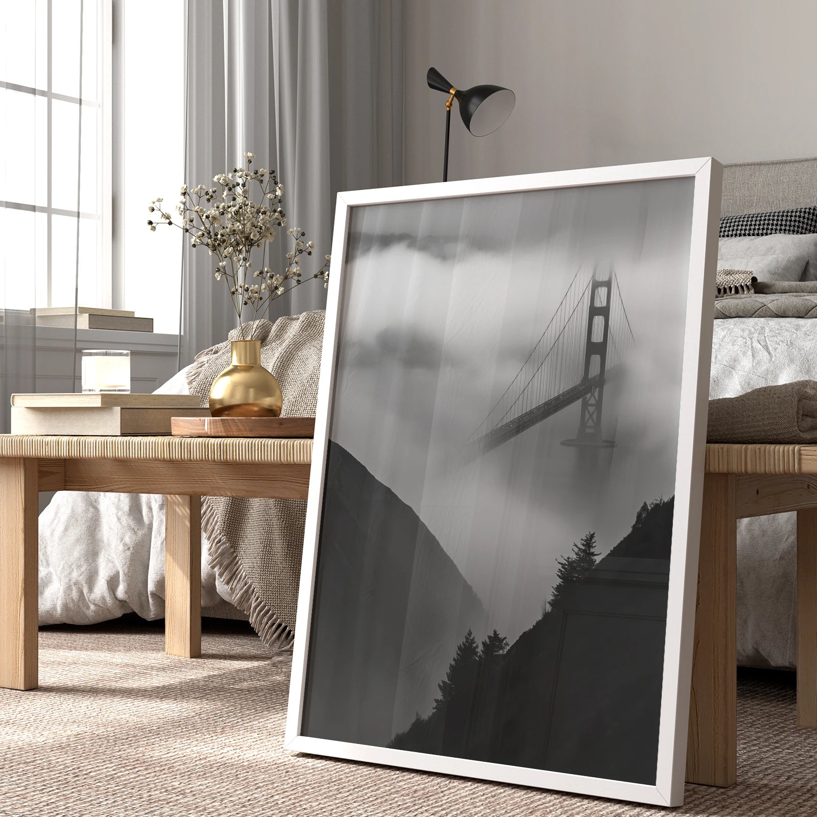 Moody black-and-white view of the Golden Gate Bridge, perfect travel wall art print
