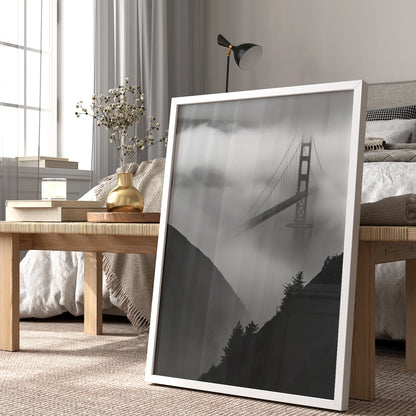 Moody black-and-white view of the Golden Gate Bridge, perfect travel wall art print
