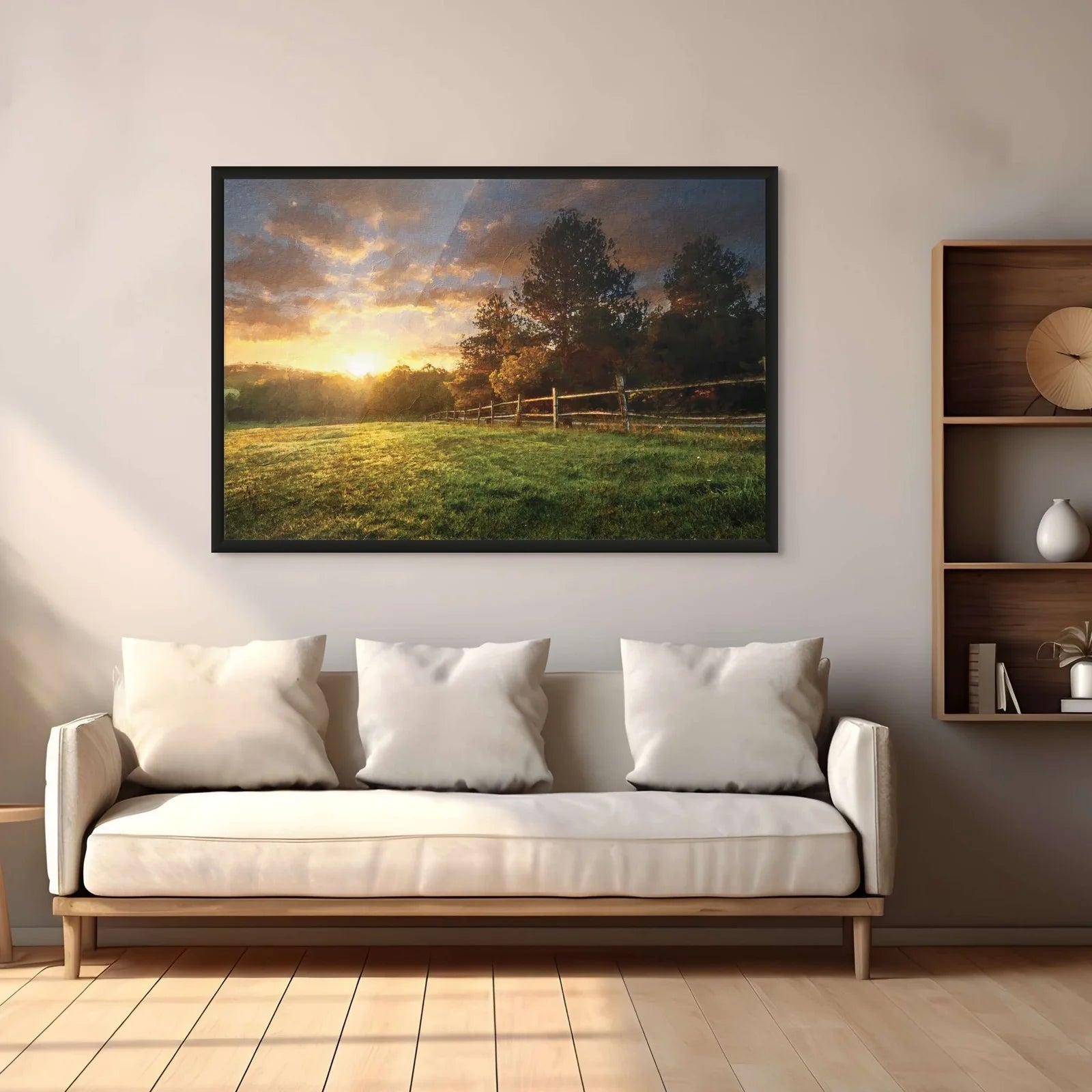 Golden-hour rural scene print with rolling hills and a wooden fence.