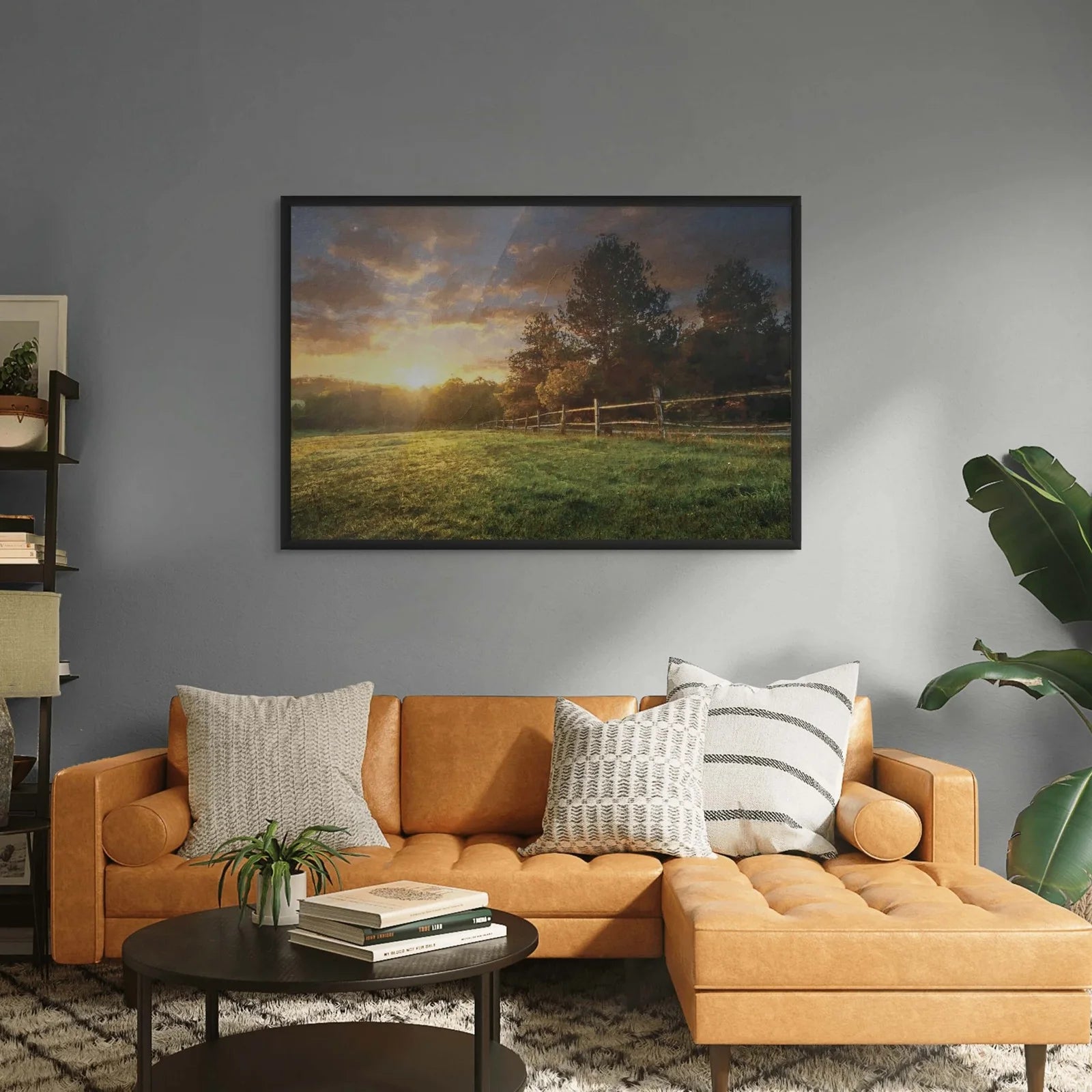 Serene countryside artwork featuring vibrant green fields and textured sunset clouds.