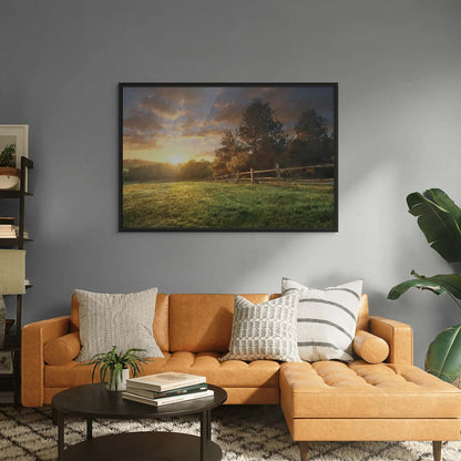 Serene countryside artwork featuring vibrant green fields and textured sunset clouds.