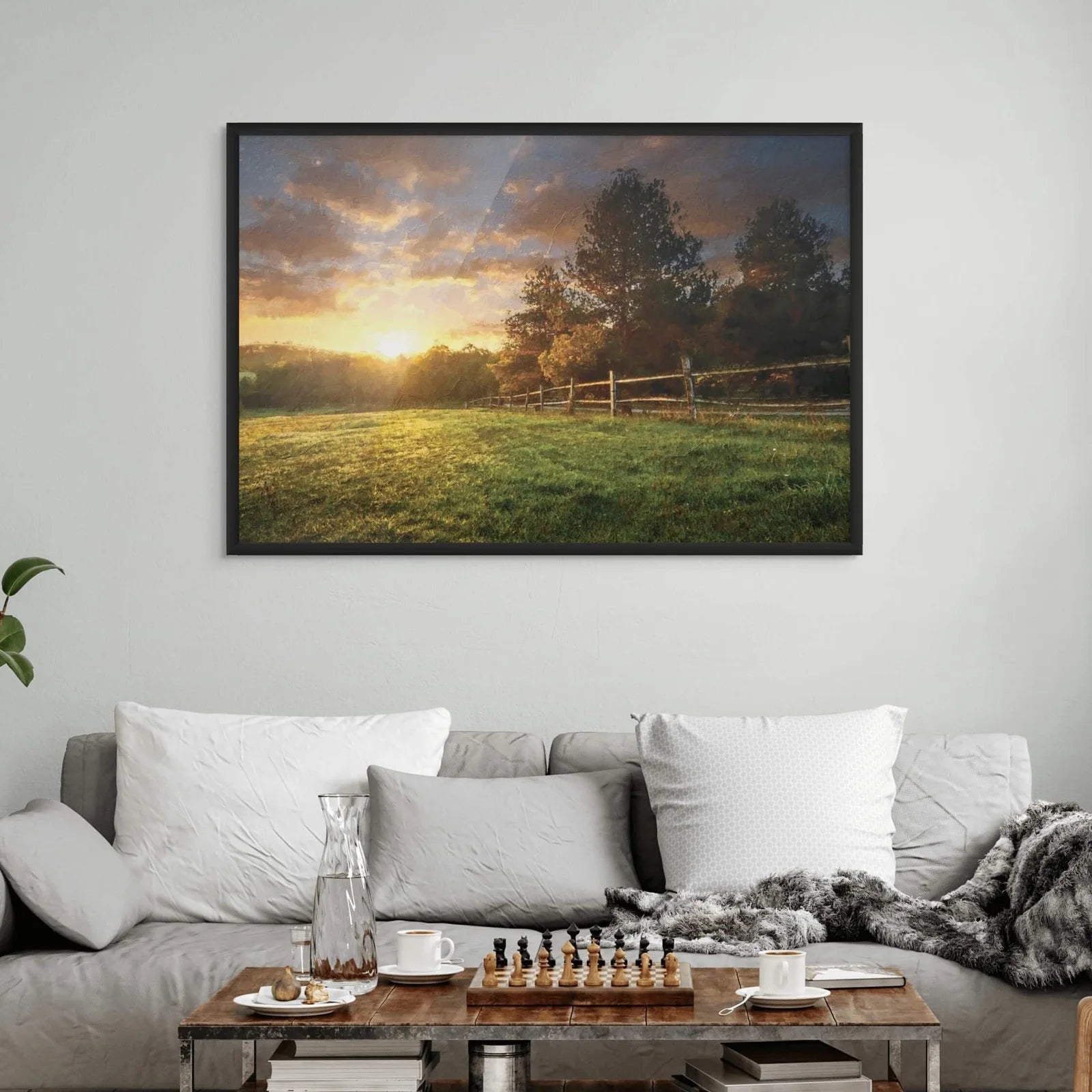 Tranquil nature-inspired artwork of a sunlit meadow and vivid sky hues.