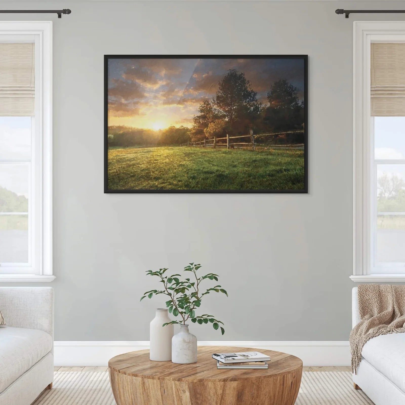 Black framed print named golden hour pastoral fence landscape.