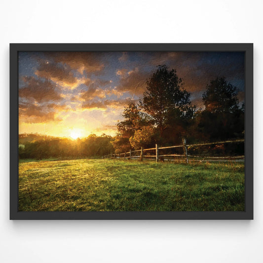 Pastoral landscape art print with split-rail fence under a warm golden-hour sky.