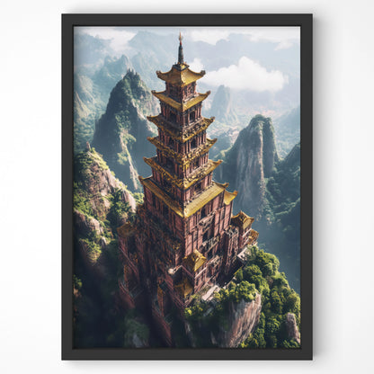 Towering Chinese pagoda amidst lush mountain peaks, ideal travel wall art for Irish homes