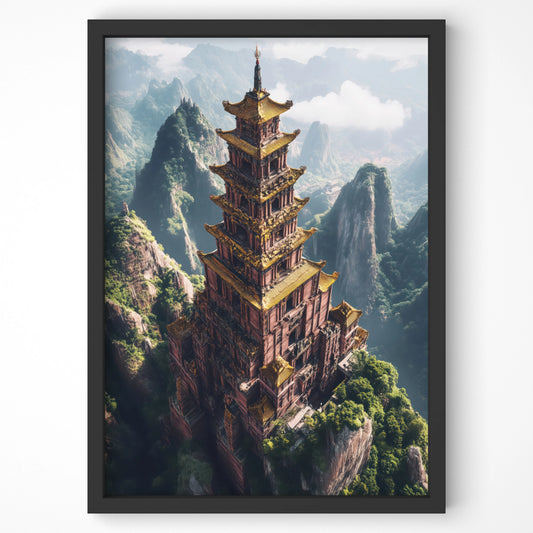 Towering Chinese pagoda amidst lush mountain peaks, ideal travel wall art for Irish homes
