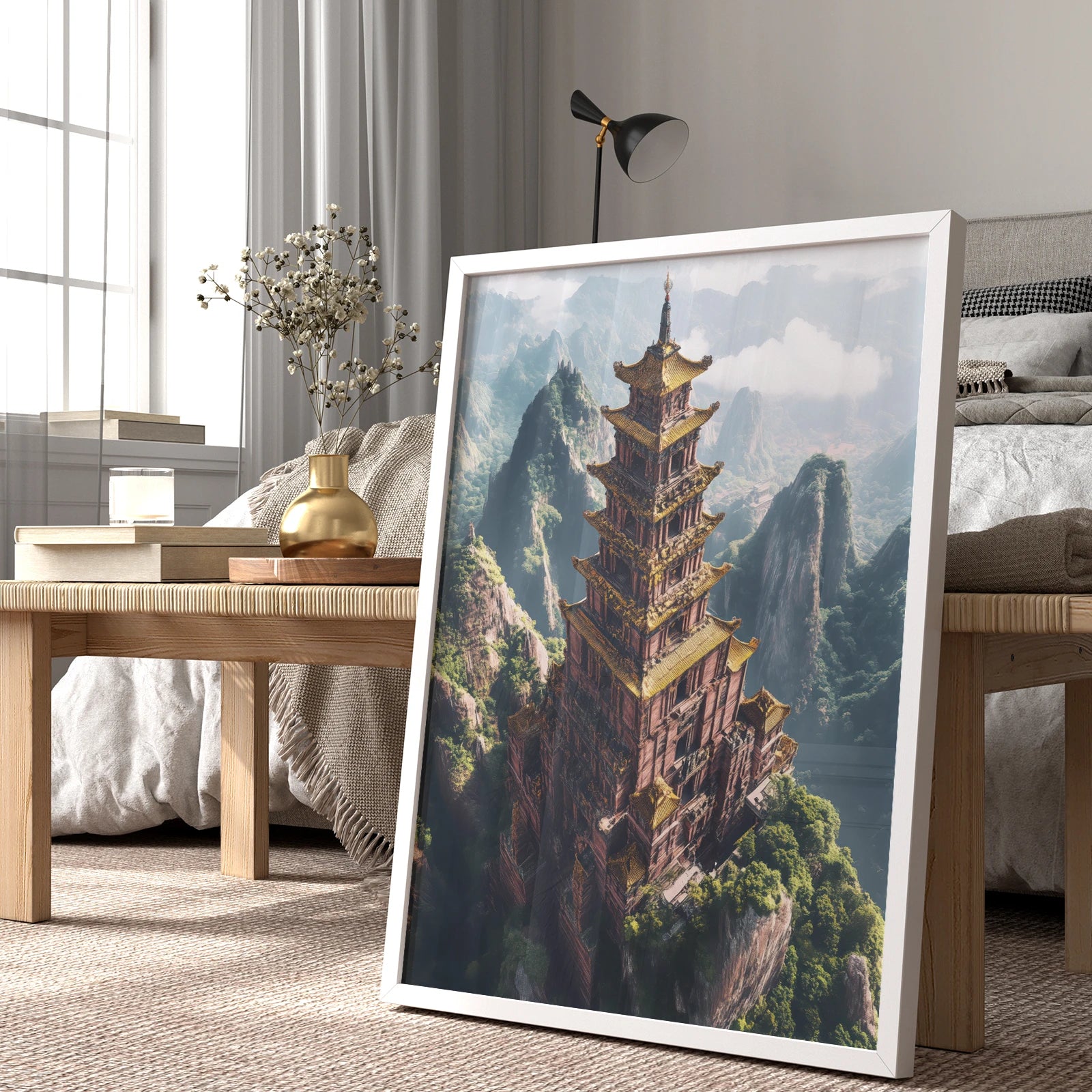 Elaborate multi-tiered pagoda in a dramatic mountain landscape, perfect China travel wall art print