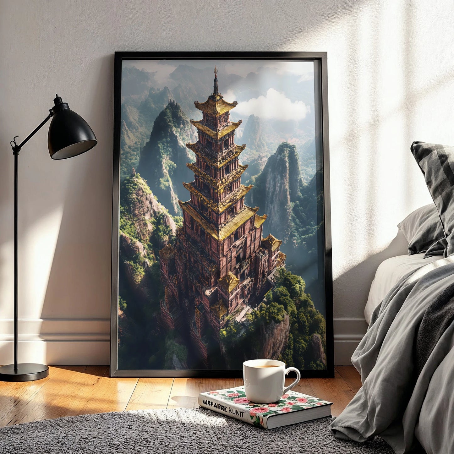 Majestic Chinese temple perched above misty canyons, an alluring travel wall art design