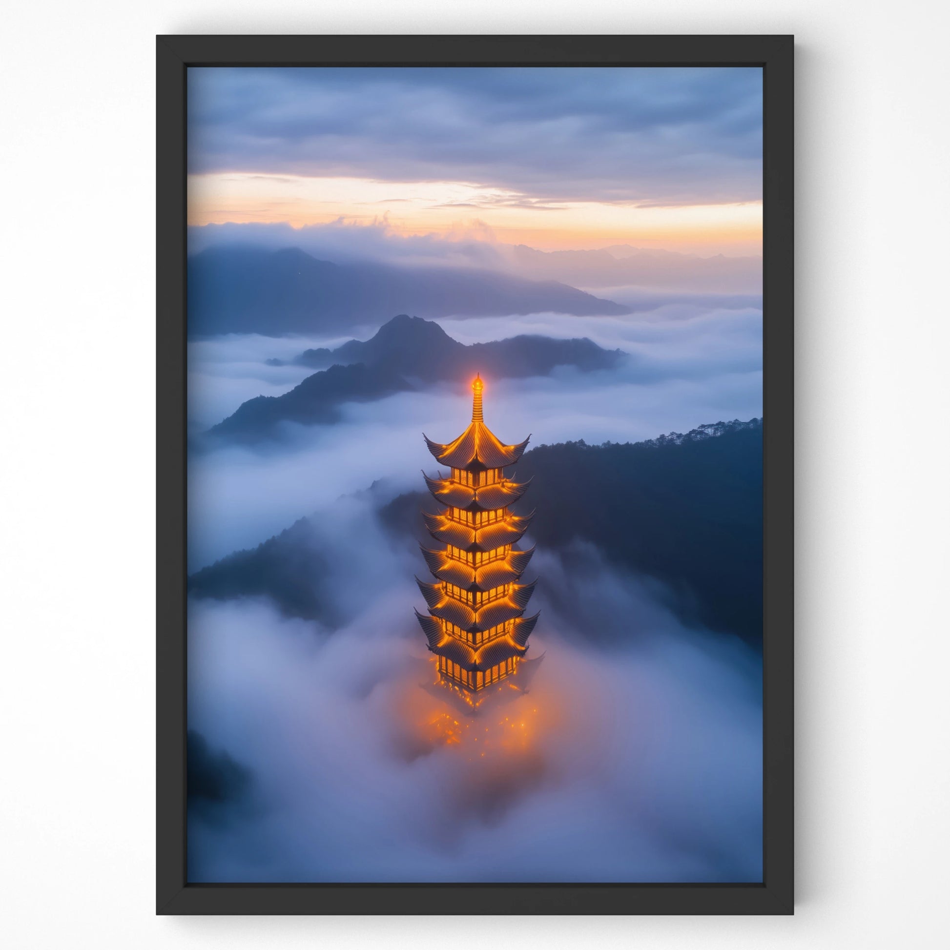 Golden pagoda rising above misty mountains, premium travel wall art print