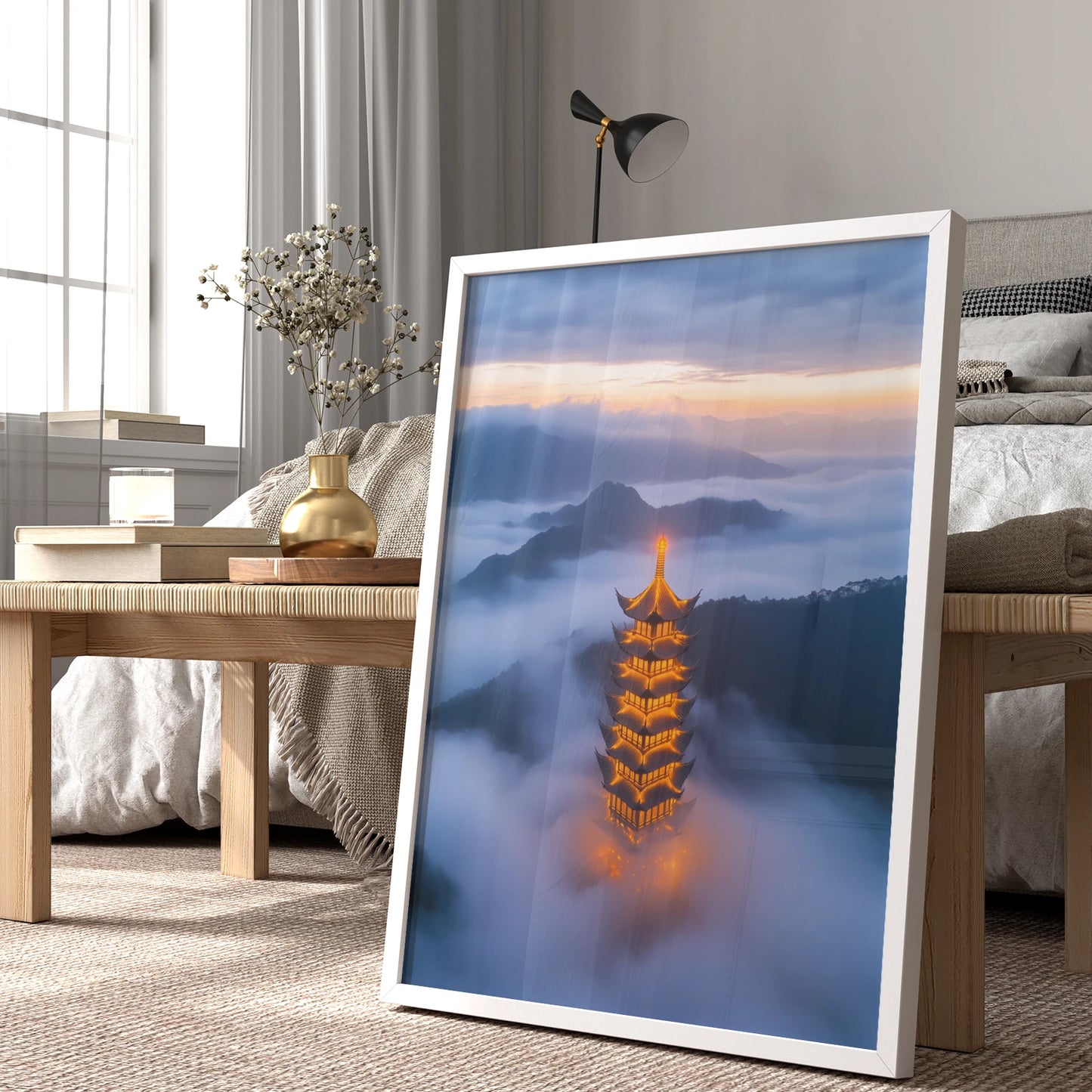 Illuminated pagoda amid foggy peaks, travel-inspired wall art decor