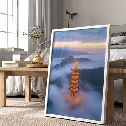 Illuminated pagoda amid foggy peaks, travel-inspired wall art decor
