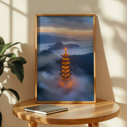 Serene view of glowing pagoda in clouds, ideal for modern travel wall art