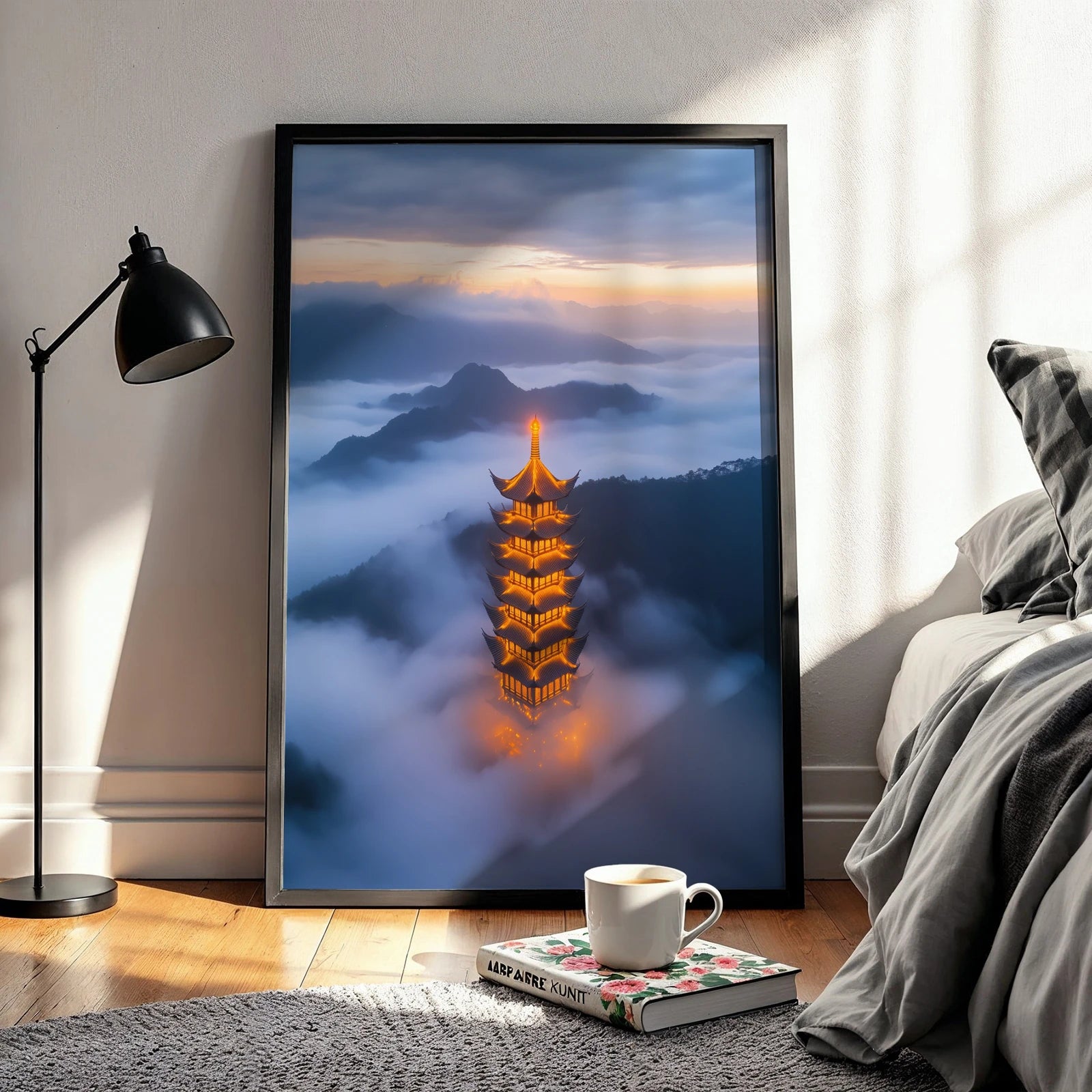 Dramatic pagoda silhouette surrounded by rolling fog, perfect travel wall art piece
