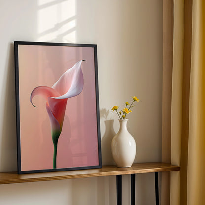 Framed calla lily wall art displayed on a wooden console with natural lighting. Ideal for sophisticated home styling and botanical art lovers.