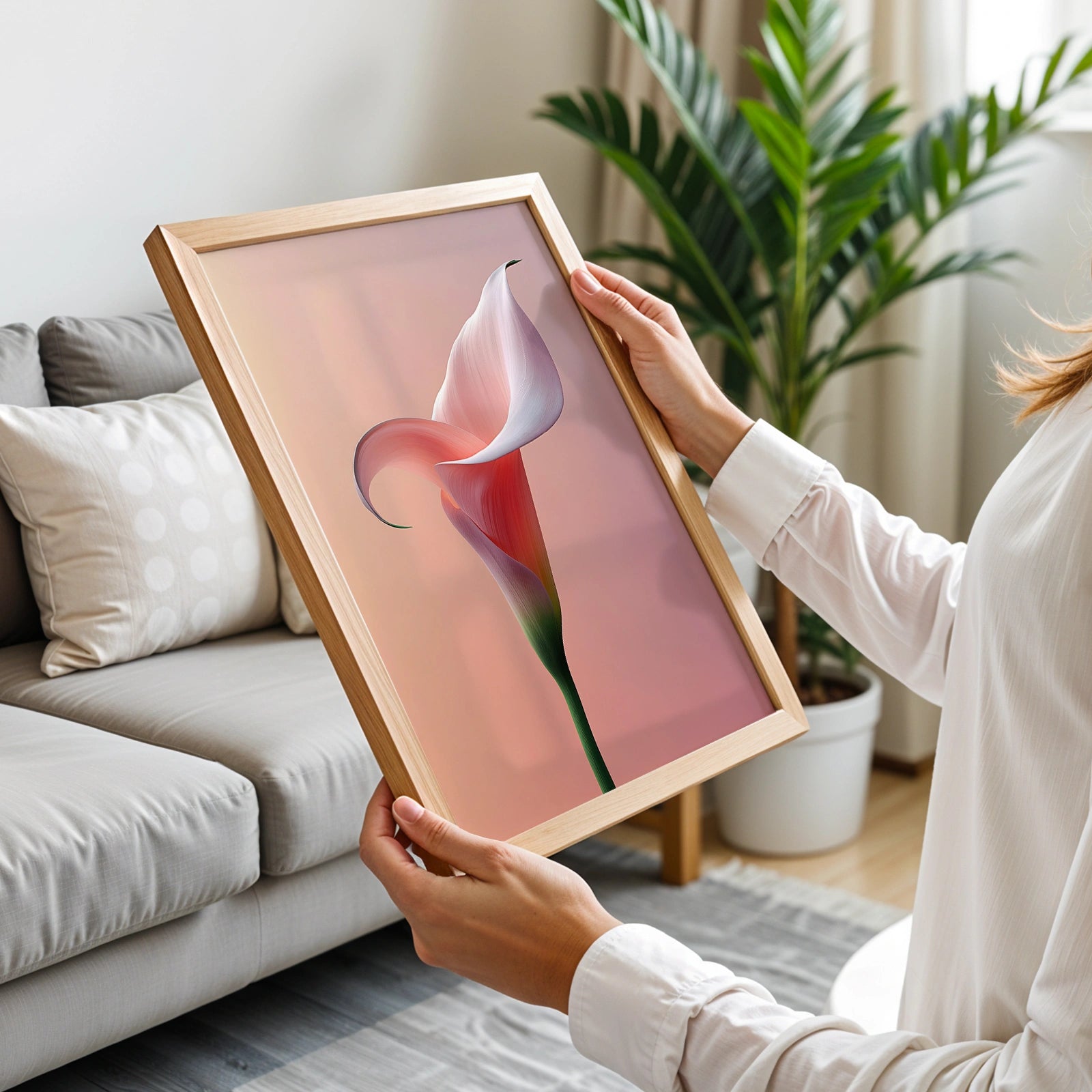Hands holding a framed calla lily wall art print in a contemporary living room. Perfect for modern interiors and nature-inspired spaces.