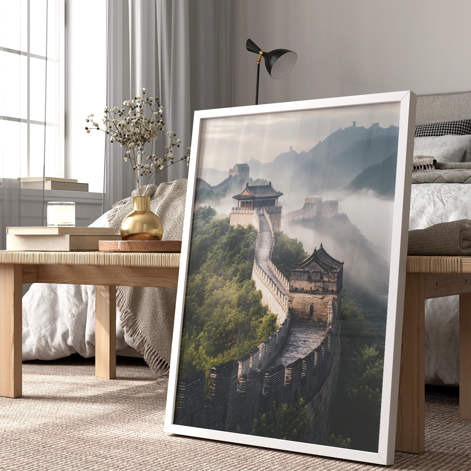 Ancient Chinese fortress rising through lush greenery, an ideal travel print for décor