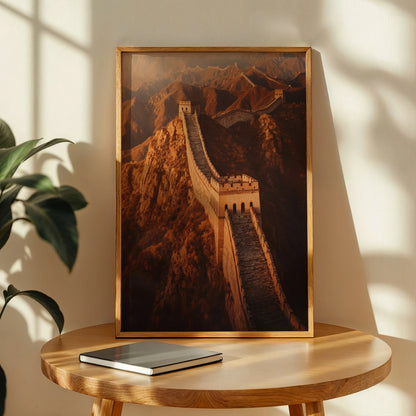 Warm, mountainous view of the Great Wall travel print framed on a table