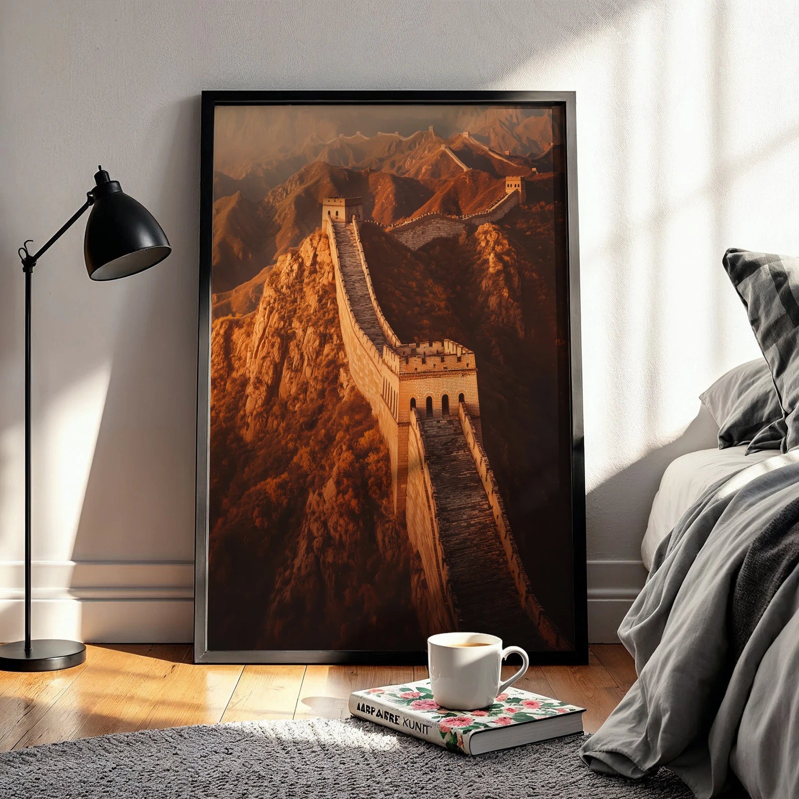Framed Great Wall travel wall art print leaning against a bedroom wall
