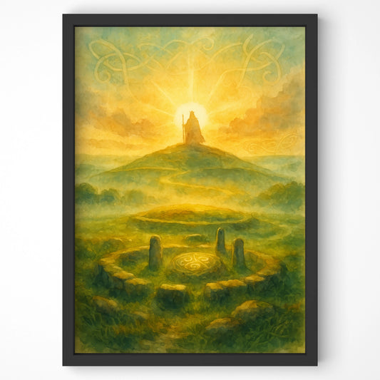 Close-up of framed Hill of Tara print showing detail in the spiral stones and golden light.