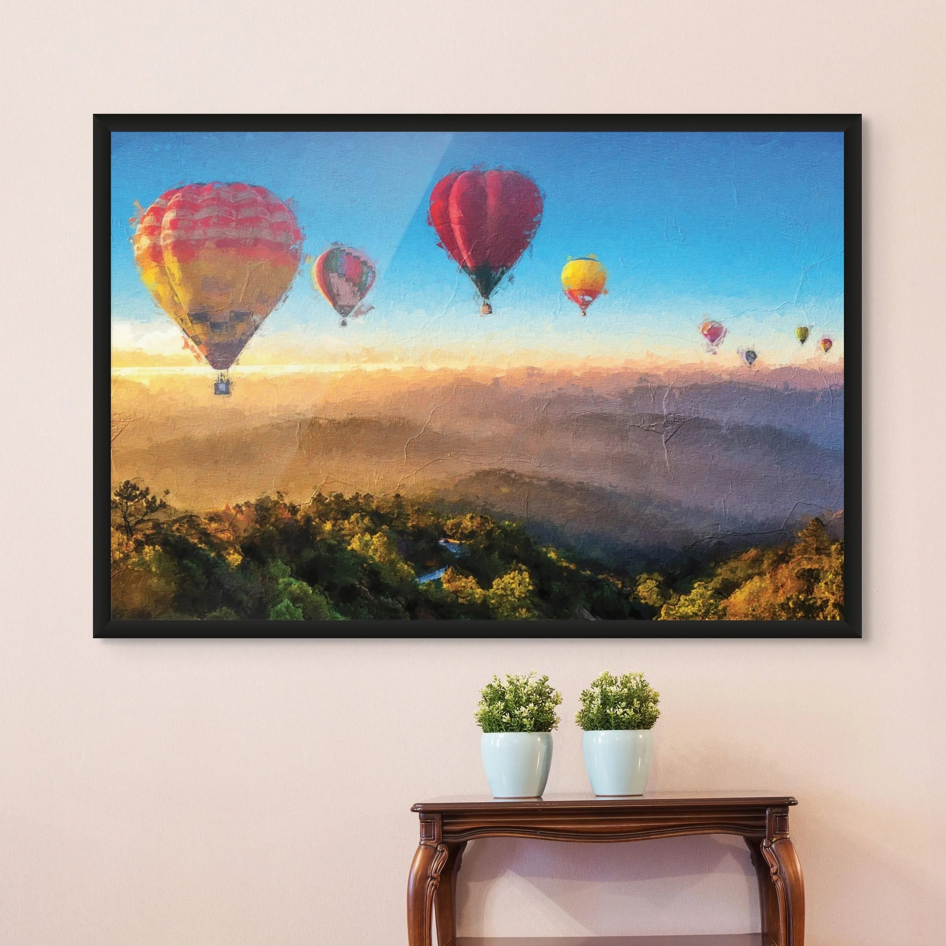 Sunrise mountain art print with hot air balloons in the sky.
