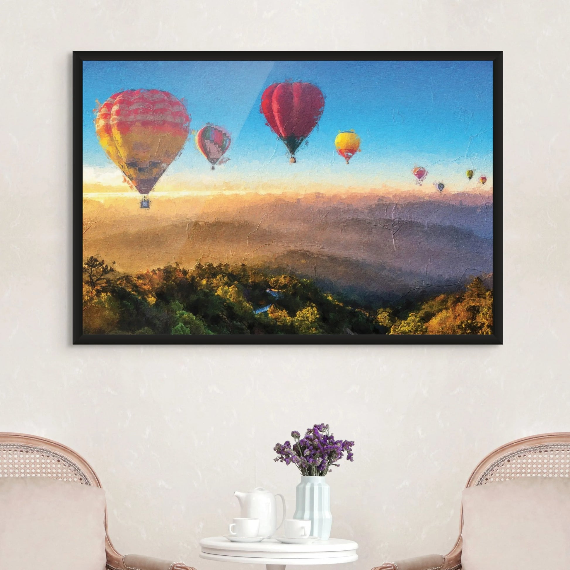 Textured landscape print with colourful hot air balloons
