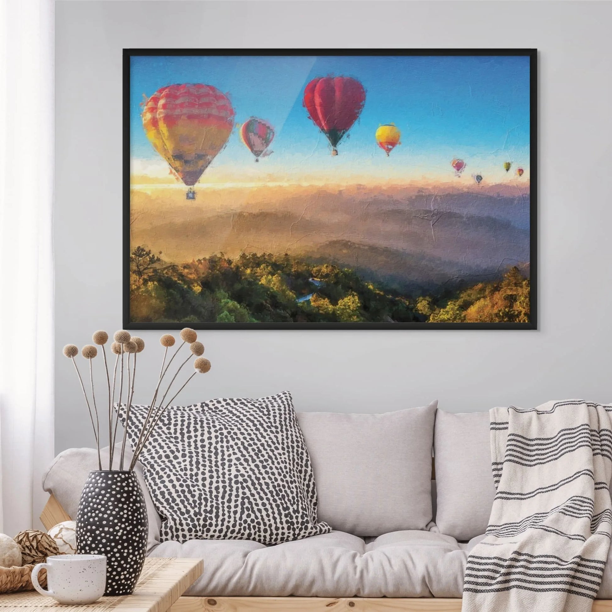 Dreamlike landscape art print with hot air balloons
