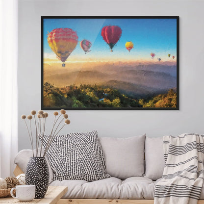 Dreamlike landscape art print with hot air balloons
