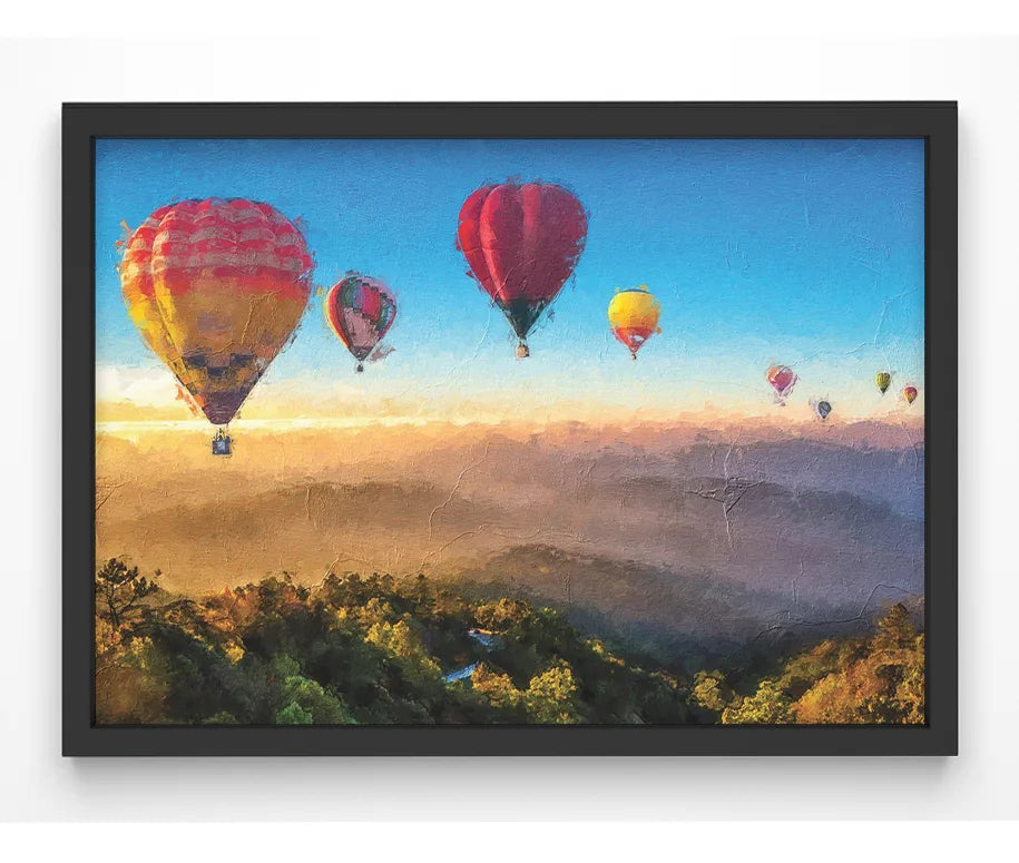 Scenic landscape print of balloons over misty mountains
