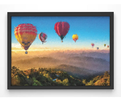Scenic landscape print of balloons over misty mountains
