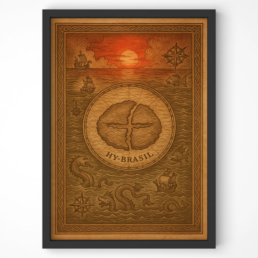 Detailed view of vintage-style Hy-Brasil Celtic mythology artwork in black frame.