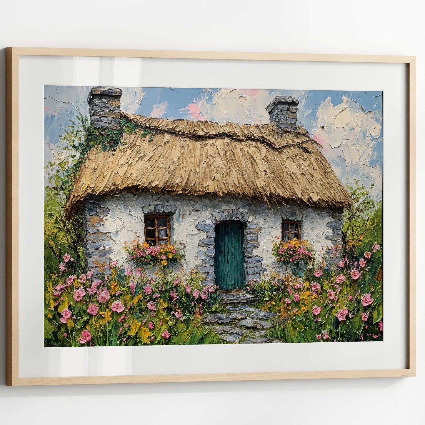 Irish Cottage Print featuring a charming thatched-roof home surrounded by flowers.