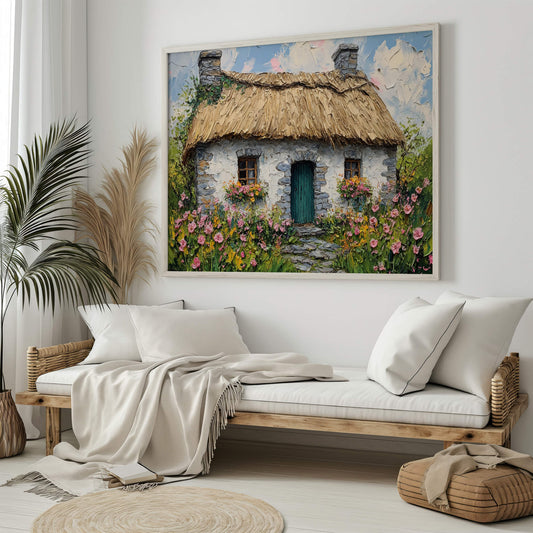 Irish Cottage Print featuring a charming thatched-roof home surrounded by flowers.