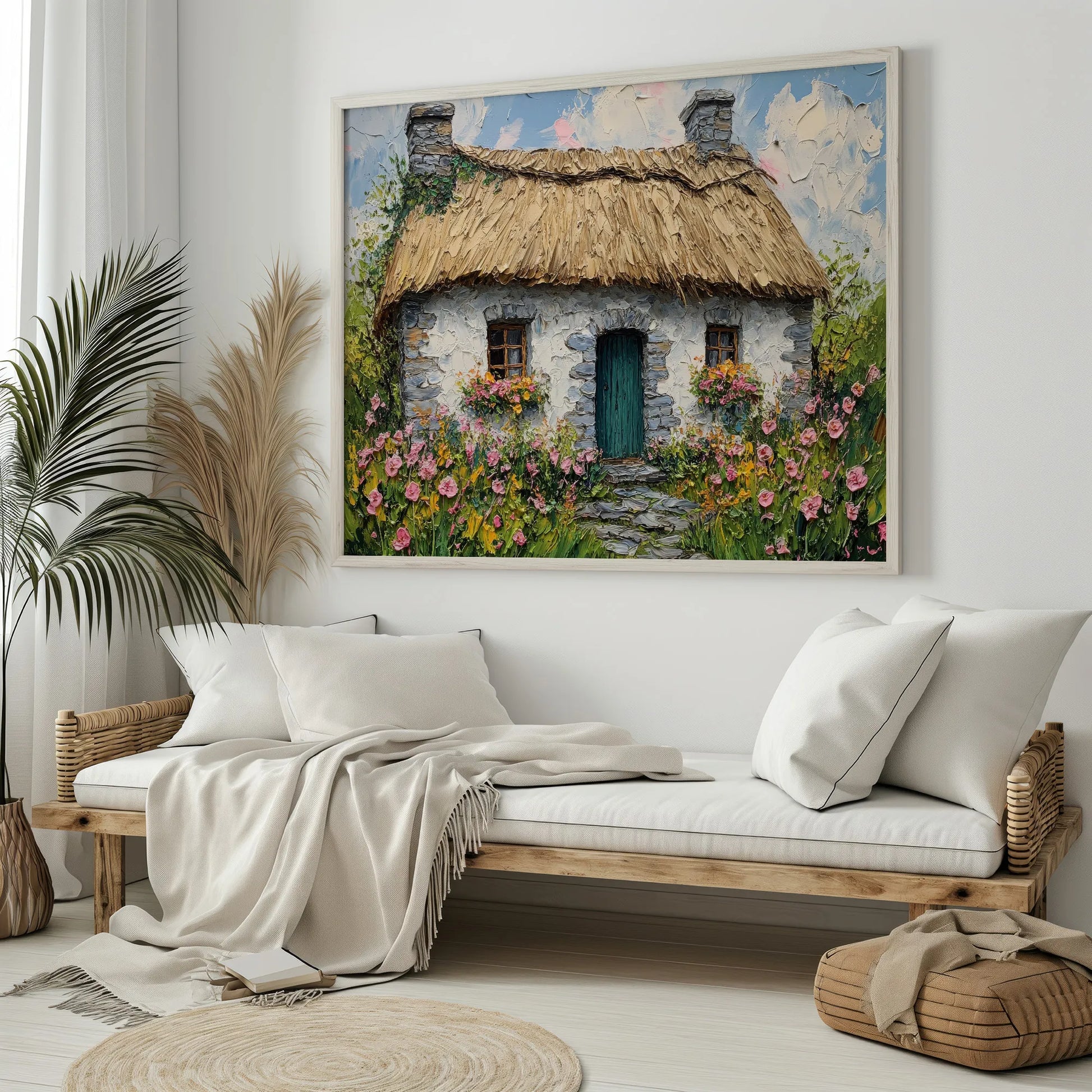 Beautiful Irish countryside artwork capturing the warmth of a traditional cottage.