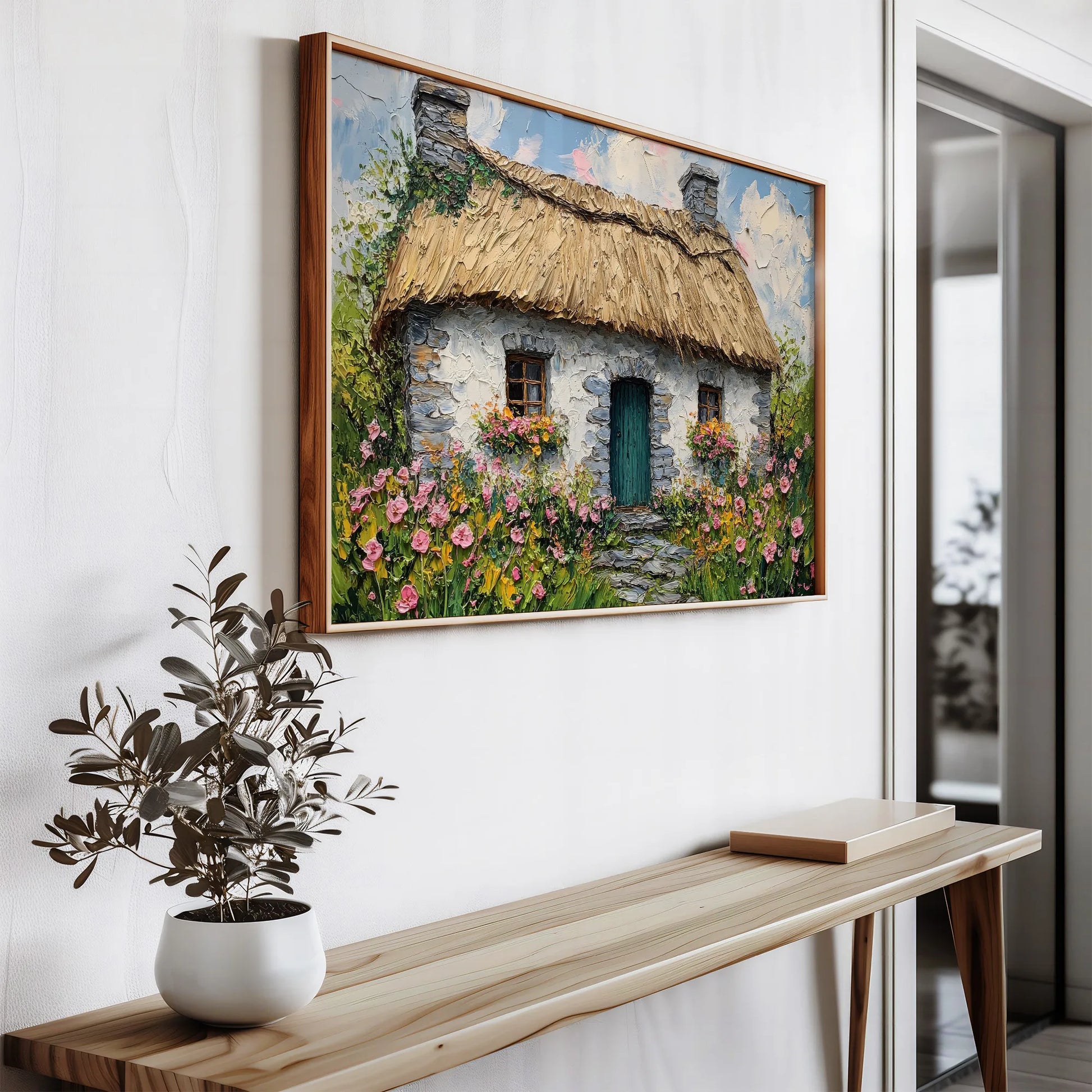 Textured painting-style print of a rustic Irish thatched cottage.