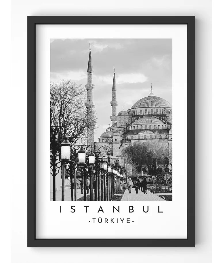Striking black and white image of the Blue Mosque's exterior, highlighting its intricate details and serene presence in Istanbul.
