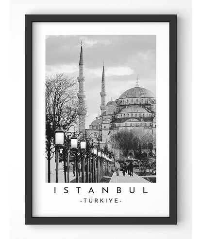 Striking black and white image of the Blue Mosque's exterior, highlighting its intricate details and serene presence in Istanbul.
