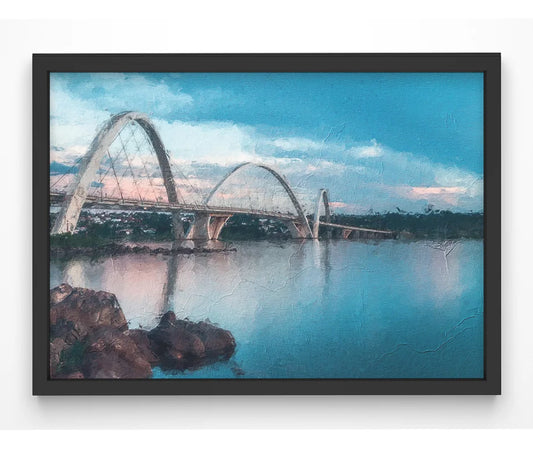 Painted landscape of JK Bridge over calm water.