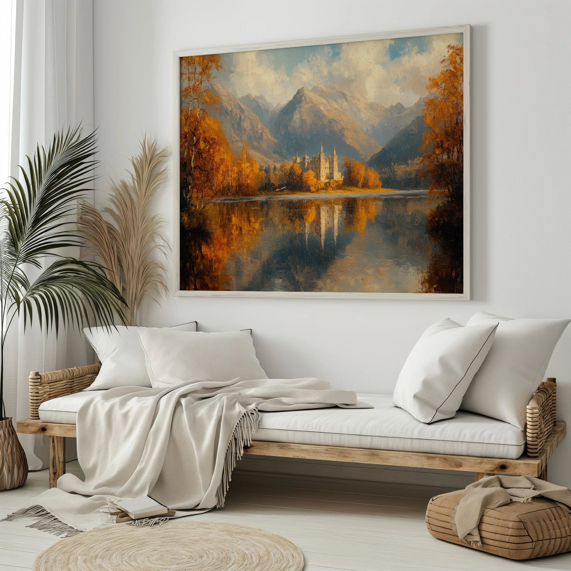 Irish castle-inspired wall art with a golden-hued lake and vibrant trees.
