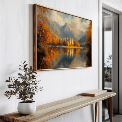 Atmospheric and dramatic landscape print featuring Kylemore Abbey and mountains.
