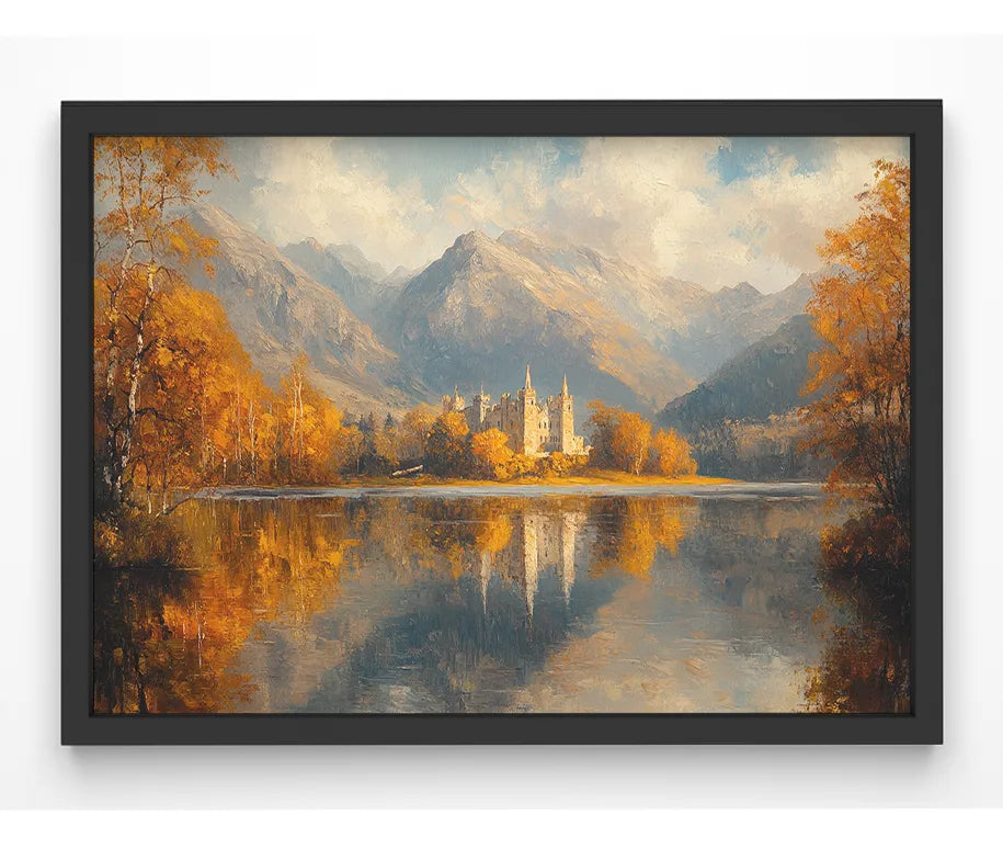 Kylemore Abbey Print featuring a stunning castle-like structure by a serene lake.
